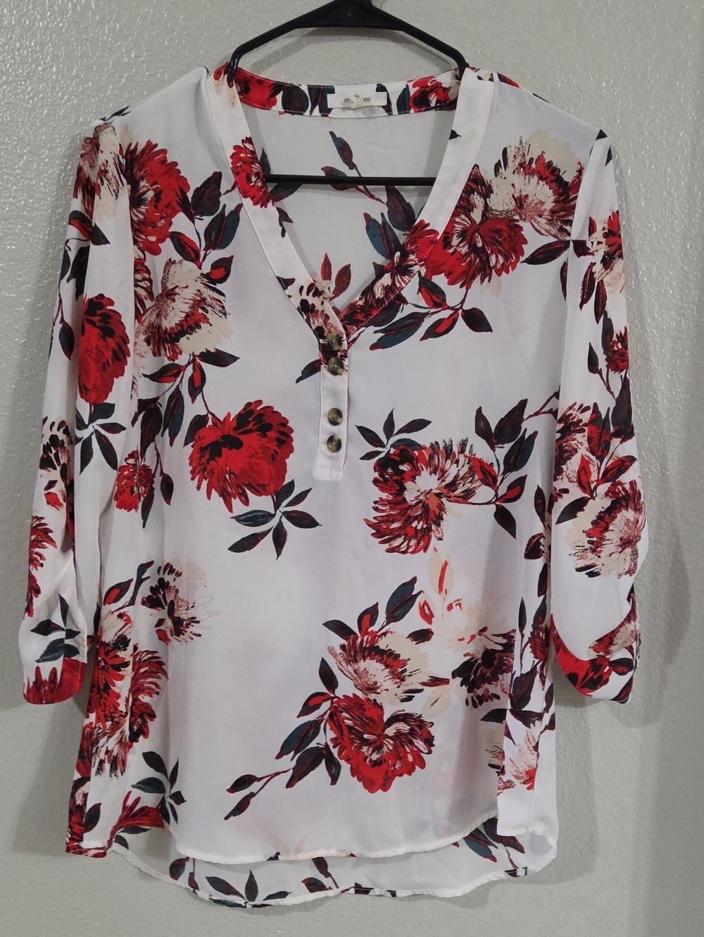 Maurice's White Floral Split V-Neck Henley Blouse